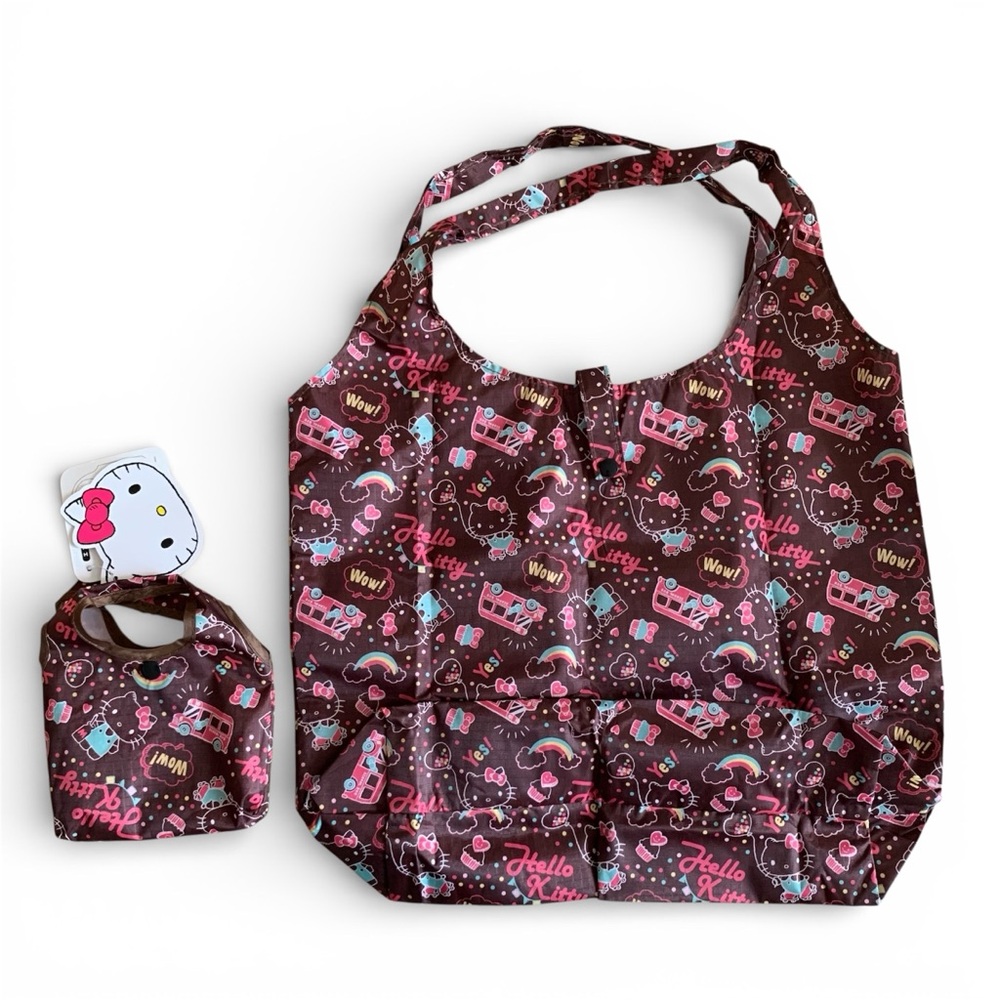 Sanrio Hello Kitty Foldable Reusable Shopping Tote Bag Brown Pink Hearts NWT